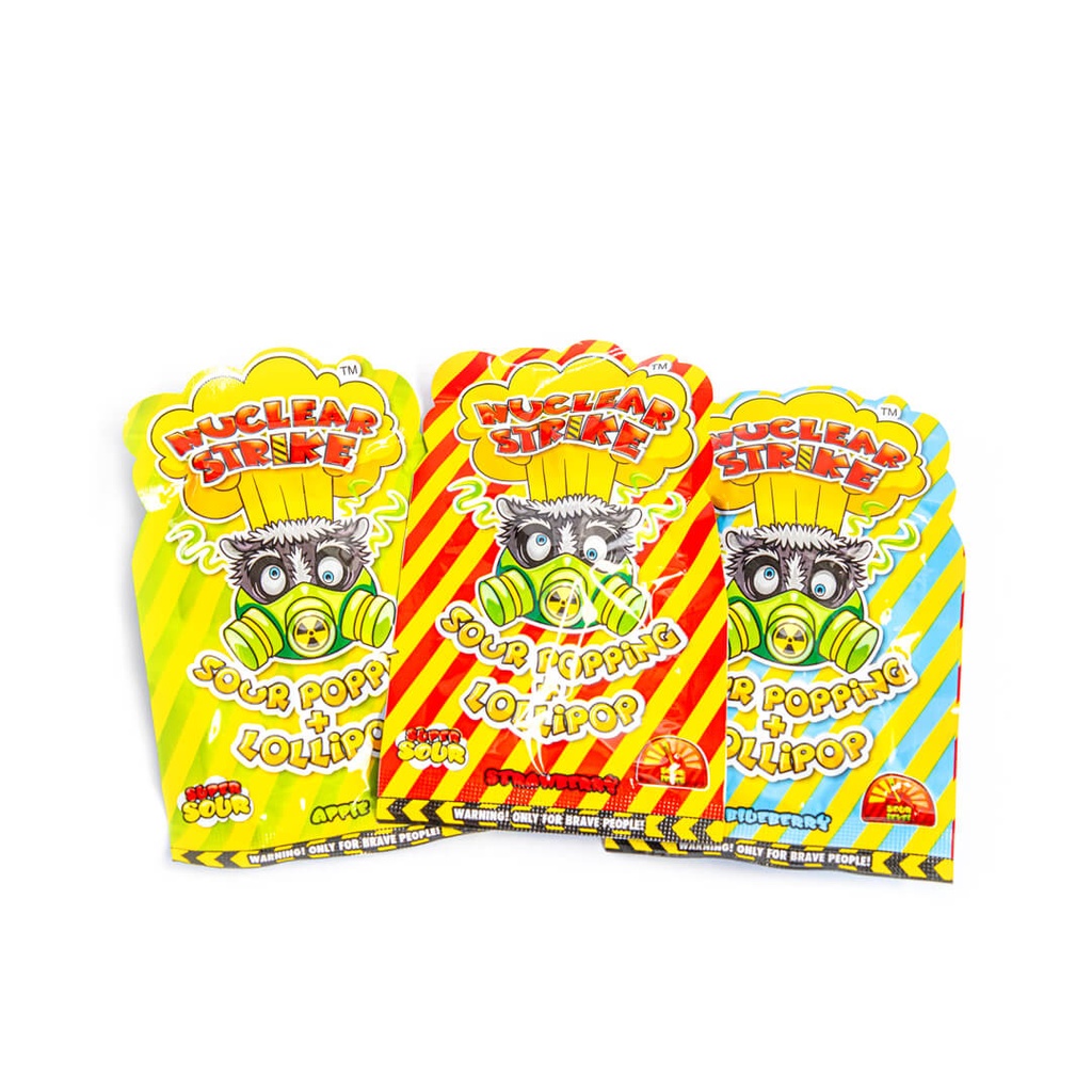 NUCLEAR STRIKE SOUR POPPING & LOLLIPOP - LIZAK Z  KWAŚNYM, STRZELAJĄCYM PROSZKIEM 15G 36szt/18disp